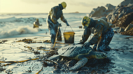 Fototapeta premium Volunteering. Two people clean a sea turtle from oil on the beach. The scene is dark and sad, as the turtle is in distress. Environmental pollution