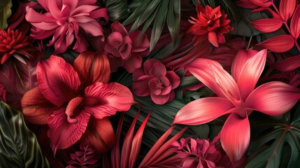 Obraz premium Exotic flowers and plants in shades of pink and red