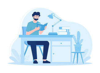 Reading education  a student reading in the study room concept flat illustration