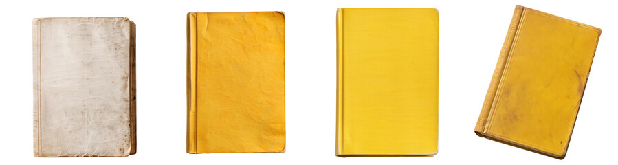 Naklejka premium Mockup of isolated books with blank yellow cover on a transparent background. Set of 4 classic antique old books in front view and isometric view. Volume 1.