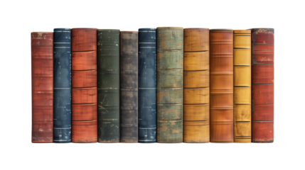 Mockup of isolated book spines with blank cover on a transparent background. Set of classic antique old book in side view, various colours. Volume 1.