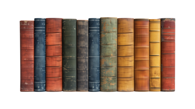 Mockup of isolated book spines with blank cover on a transparent background. Set of classic antique old book in side view, various colours. Volume 1.
