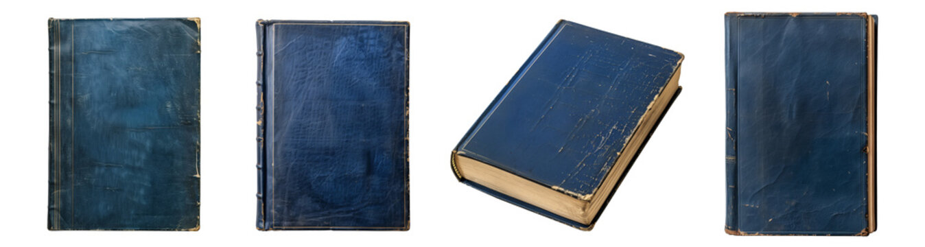 Mockup of isolated books with blank blue cover on a transparent background. Set of 4 classic antique old books in front view and isometric view. Volume 2.