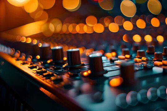 RL LINEAR WINDOWS in front of sound console, concert stage with lights, concert poster style, blurred background