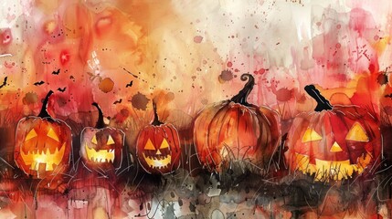 Autumn themed Halloween pumpkin watercolor design
