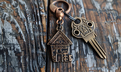 House key on a house shaped keychain resting on wooden floorboards concept for real estate renting property House model and key in house door Real estate agent offer house property insurance.