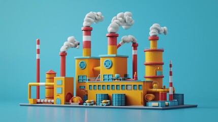 3D Colorful toy factory with smokestacks on blue background. Vibrant, playful representation of industrial buildings and machinery.