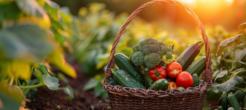 basket with fresh harvest in the vegetable garden at sunset, minimalistic