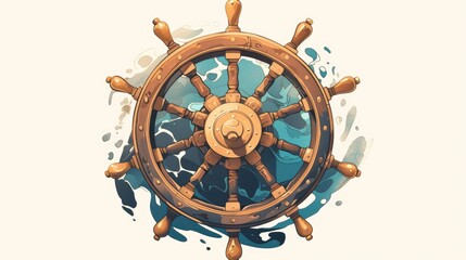 An intricately hand drawn wooden ship s wheel depicted in a cartoon style stands out against a crisp white background This detailed design element is perfect for adding a touch of maritime 