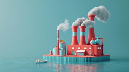 Obraz premium Colorful 3D illustration of an isolated industrial factory on a small island, with smoke stacks and a boat nearby, in minimalist style.