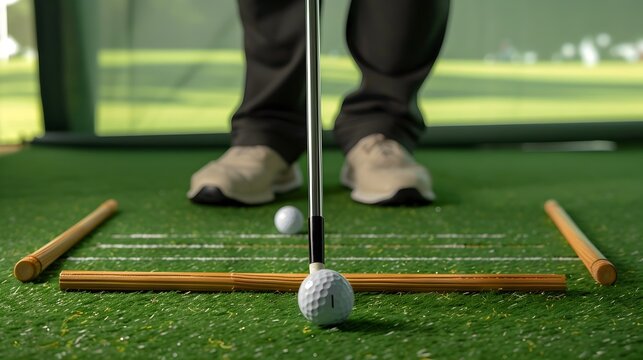 Golfer Practicing Alignment and Swing Plane with Specialized Equipment on Putting Green