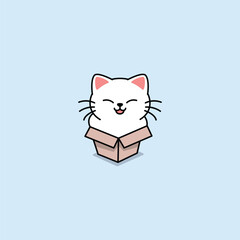 Cute white cat in small box cartoon, vector illustration