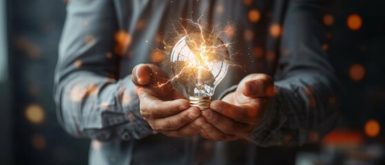 Businessman holding light bulb with lightning bolt inside, Energy and power innovation, Business renewable energy concept, generative ai