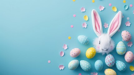 Easter Festivity in Pastel Blue with Easter Eggs, Bunny, and Confetti