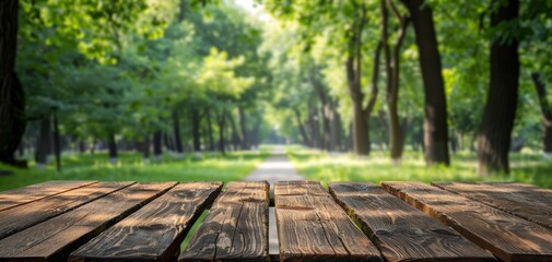 Empty wooden table with green park nature background
