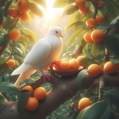White pigeon sitting on the tree eating the fruit isolated.