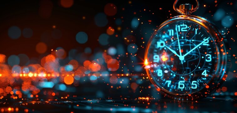 Glowing stopwatch in dark room, symbolizing time constraints, business pressure, illuminated numbers, generative ai