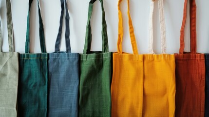 Canvas bags in multiple colors displayed on a white background with space for text Concept of shopping bags colors fabrics textures and materials