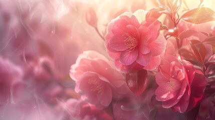 Pink camellias, spring nature, abstract light background, Womens Day, 8 March, generative ai