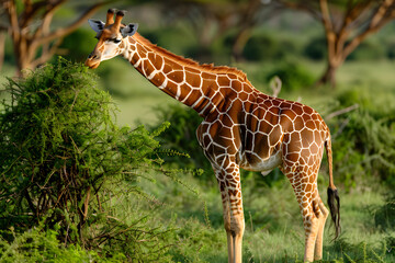 Majestic Giraffe Grazing in the Lush African Savanna Under a Clear Blue Sky