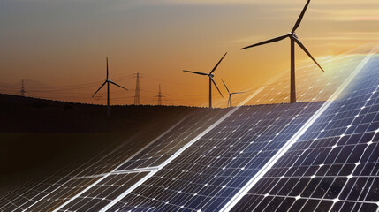A photo of solar panels and wind turbines against the background of a sunset sky