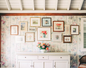 Gallery wall, home decor and wall art, framed art in modern English country cottage interior, living room for diy printable artwork and print shop idea