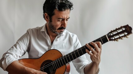 Obraz premium Man performing on a guitar in front of a white backdrop