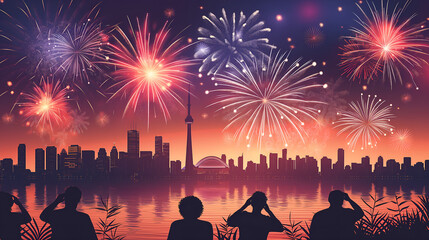 Awe-Inspiring Night: Flat Vector Fireworks & City Skyline