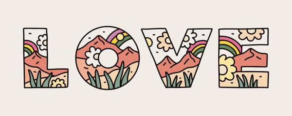 Love letter with nature mountain flower design inside for t-shirt, sticker, badge, and other use