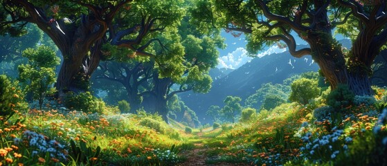 A beautiful fairytale enchanted forest with big trees and great vegetation. Digital painting background