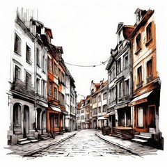 Obraz premium Downtown paving stone street with retail stores and luxury apartments