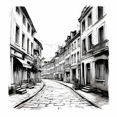 Naklejka premium Downtown paving stone street with retail stores and luxury apartments