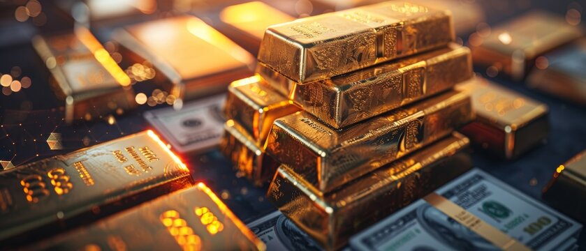 Stacks of gold bars with international currencies, representing global finance, generative ai