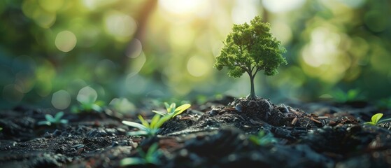 Tree growing from earth, nature background, earth day, environmental awareness