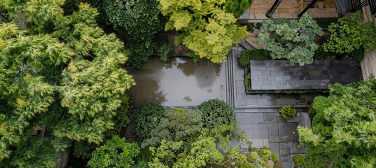 rain waters the gardens, view from a height of flight