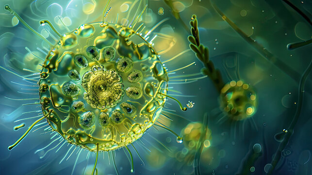 Close-up of actinophrys with radial axopods in pond water, bright light highlighting details.