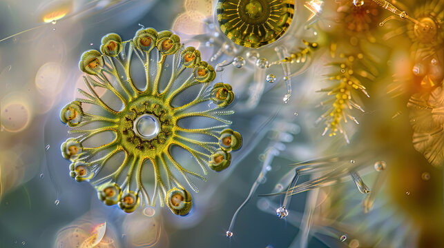 Close-up of actinophrys with radial axopods in pond water, bright light highlighting intricate details.