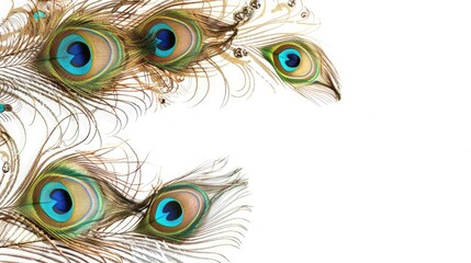 Obraz premium Colorful peacock feather design in a golden frame on a white background with space for text