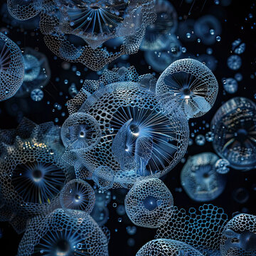 Intricate radiolarians with glowing silica skeletons, floating in dark marine water, ethereal light.