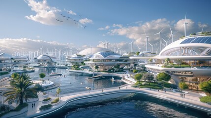 A beautiful future smart city in the middle of the lagoon waters, skyscrapers decorated with cool green trees.