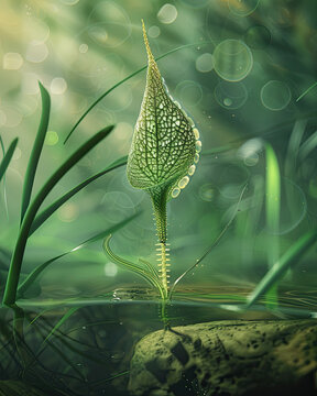 Stentor, trumpet-shaped ciliate on submerged plant in clear freshwater, with soft, diffused lighting.