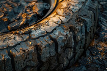 A close-up image of a tire on the ground, highlighting the texture and details of the tire.

