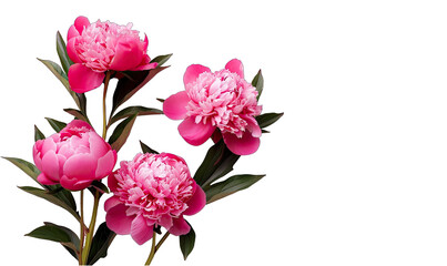 Elegant pink peonies with lush green leaves lay beautifully arranged on a transparent background, perfect for a springtime theme or a floralinspired design project