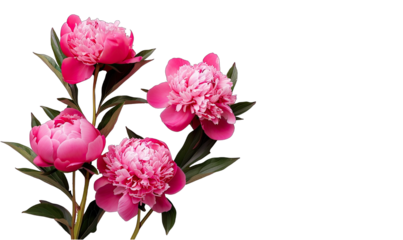 Elegant pink peonies with lush green leaves lay beautifully arranged on a transparent background, perfect for a springtime theme or a floralinspired design project