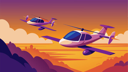 Against the backdrop of a brilliant orange and purple sky air taxis gracefully glide through the air their propellers whirring softly.. Vector illustration