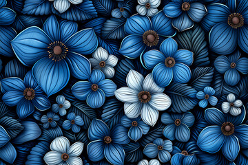 A blue and white flower pattern with many flowers.