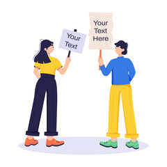 Here’s a flat illustration of people holding signs 