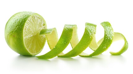 Green lime peel isolated on white background with lime twist and fruit zest