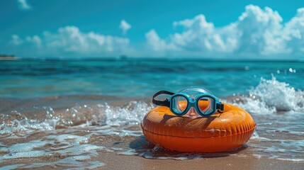 Obraz premium Orange Inflatable Ring and Goggles on Beach Shore in Sunny Beach Setting with Clear Skies