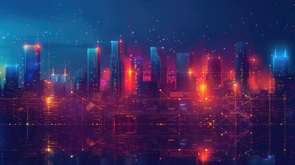 Futuristic Cityscape with Digital Neon Lights and Starry Night Sky
